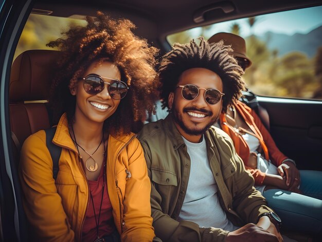 Un grupo de felices amigos africanos viajan en coche
