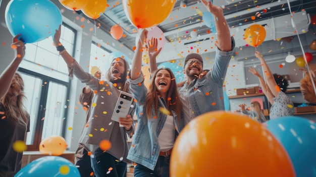 Grupo feliz desfrutando de lazer com balões em uma divertida festa de aniversário AIG41