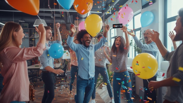 Foto grupo feliz desfrutando de lazer com balões em uma festa de aniversário divertida aig