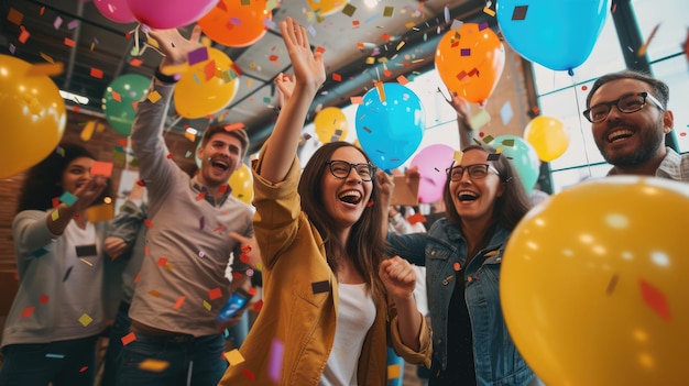 Foto un grupo feliz disfrutando del ocio con globos en una divertida fiesta de cumpleaños.