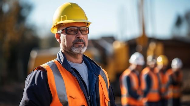 Grupo de feliz equipo de trabajadores de la construcción que están en sombreros de protección al aire libre