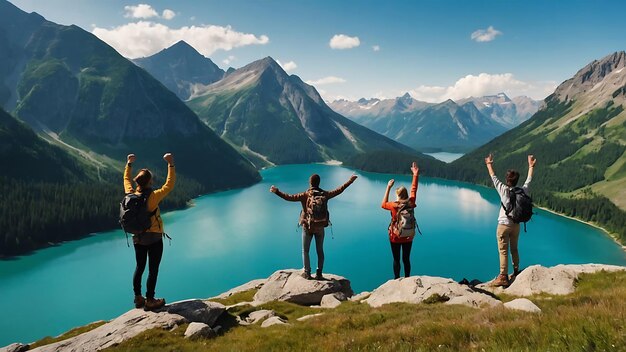 Un grupo feliz de excursionistas con las manos levantadas de pie en la cima de la montaña