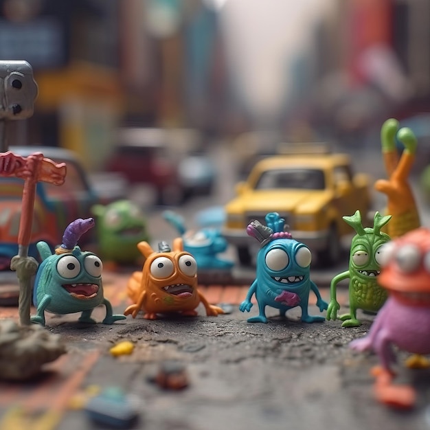 Un grupo de figuras de juguete está en una calle con un auto amarillo al fondo.