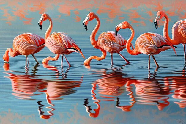 un grupo de flamencos están de pie en el agua