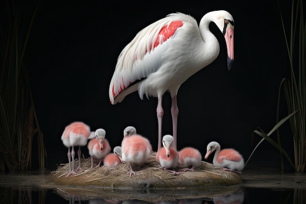 Un grupo de flamencos y un pájaro blanco de pie