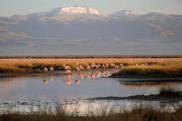 Un grupo de flamencos vadeando a través de un exuberante humedal con montañas en el fondo genera ai