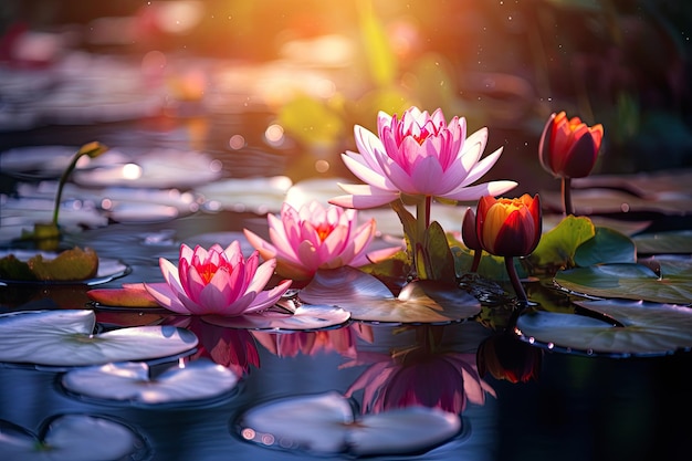 un grupo de flores en el agua