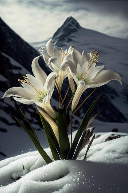 Grupo de flores blancas que se sientan encima del suelo cubierto de nieve ai generativo