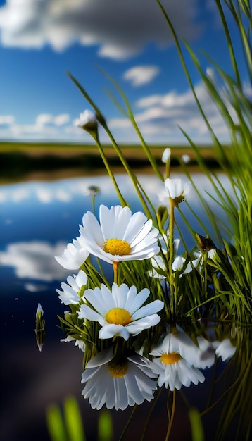 Grupo de flores blancas sentadas junto a un cuerpo de agua generativa ai