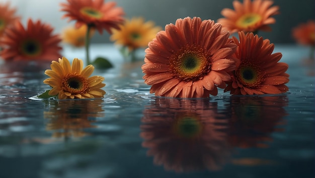 un grupo de flores con gotas de agua en ellas