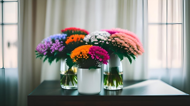 Un grupo de flores en un jarrón sobre una mesa.