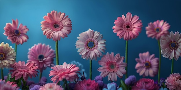 Grupo de flores rosadas y azules sobre un fondo azul