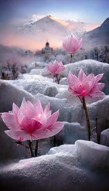 Grupo de flores rosadas que se sientan encima del suelo cubierto de nieve ai generativo