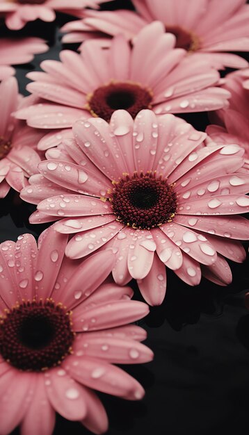 Un grupo de flores rosas con gotitas de agua.