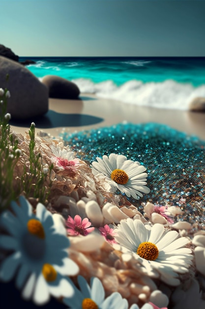 Foto grupo de flores sentadas en la parte superior de una playa de arena generativa ai