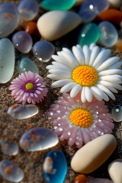 Grupo de flores sentadas en la parte superior de una playa de arena generativa ai