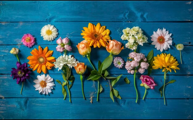 un grupo de flores en una superficie de madera azul