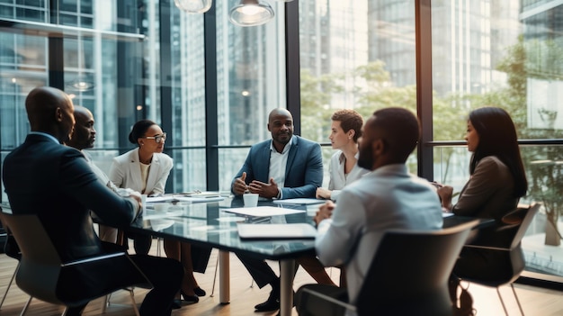 Grupo focado de diversos empresários discutindo a papelada juntos durante uma reunião