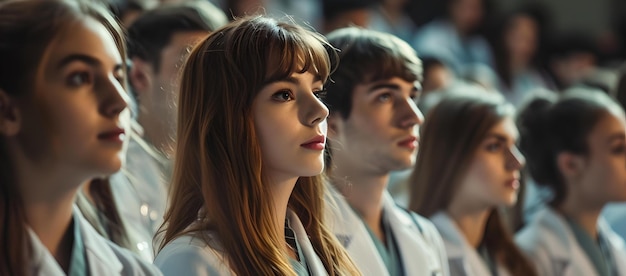 Grupo focado de estudantes que assistem a uma palestra jovens adultos na educação vestidos com casacos brancos aprendendo no salão da universidade AI