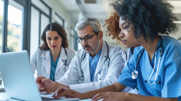 Grupo focado de profissionais médicos, incluindo três médicos e enfermeiros, reunidos em torno de um laptop discutindo ou revisando algo de importância