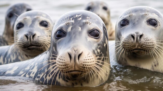 Un grupo de focas grises de cerca en la naturaleza