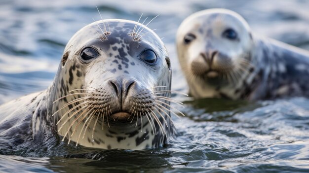 Un grupo de focas grises de cerca en la naturaleza