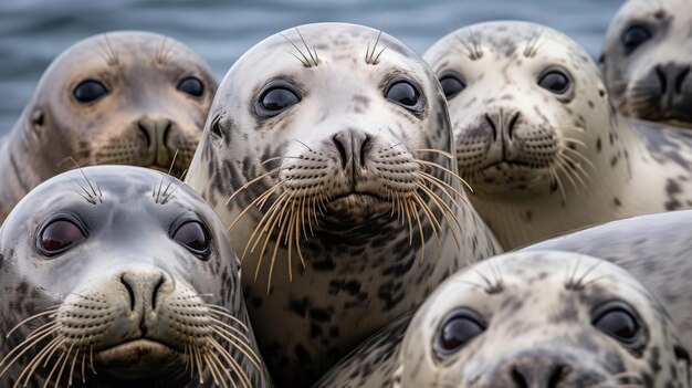 Foto un grupo de focas grises de cerca en la naturaleza