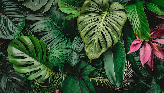 Foto grupo de fondo de hojas tropicales de color verde oscuro palma monstera hoja de coco palma de helecho