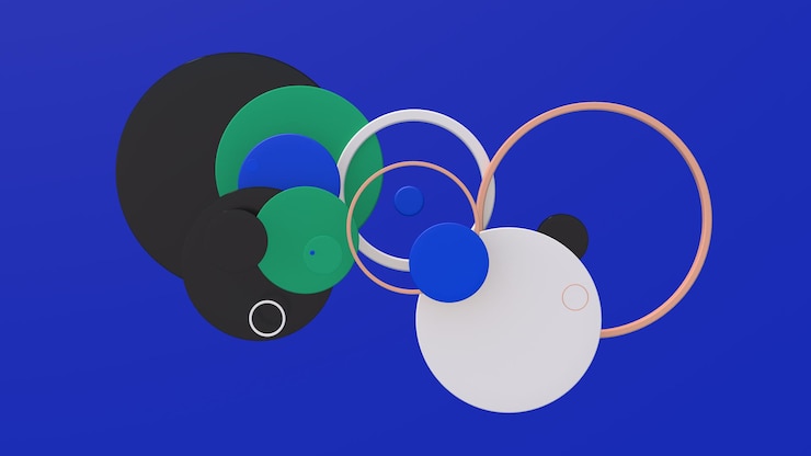 Foto grupo de formas circulares de colores. fondo azul. ilustración abstracta, procesamiento 3d.
