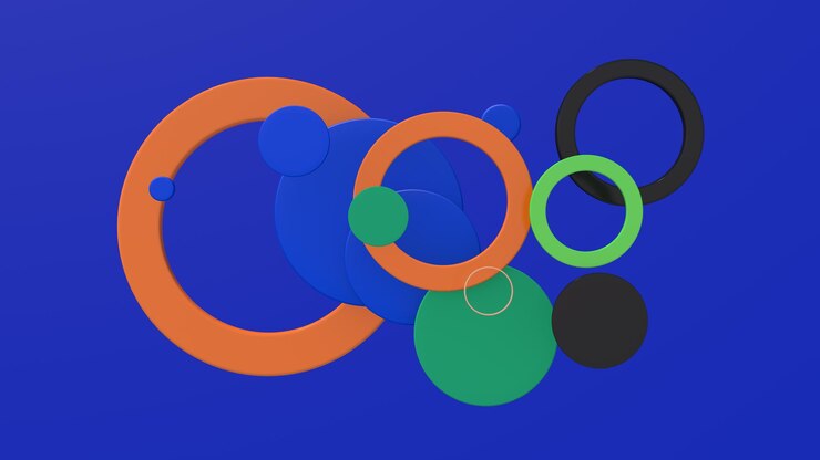 Foto grupo de formas circulares de colores. fondo azul. ilustración abstracta, procesamiento 3d.