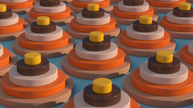 Grupo de formas de círculo naranja, amarillo, beige, marrón. Ilustración abstracta, render 3d.