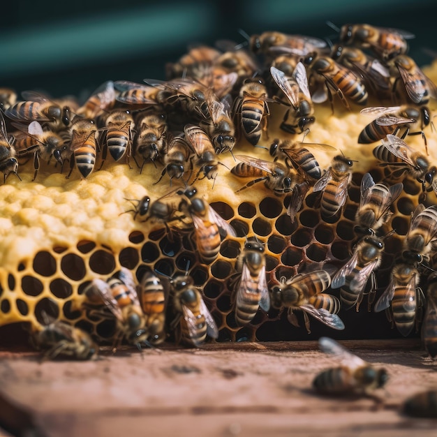 Grupo de fotografía de abejas de abejas en el panal produciendo miel generativa ai