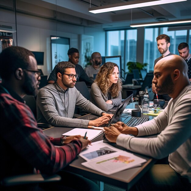 grupo fotográfico de pessoas elaborando um plano de negócios em um escritório