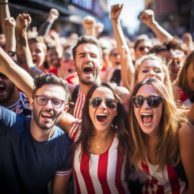 grupo fotográfico de torcedores felizes do Atlético de Madrid na La Liga Spanyol torce pela vitória do time