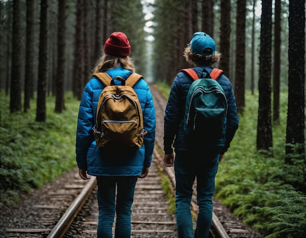 grupo de fotos de adolescentes como un mochilero en el bosque oscuro generativa de IA