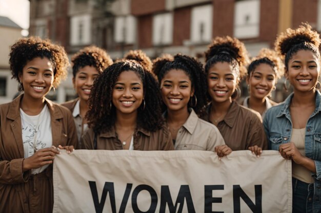 Grupo de fotos del Día Internacional de la Mujer mujeres jóvenes de pie generadas por la IA