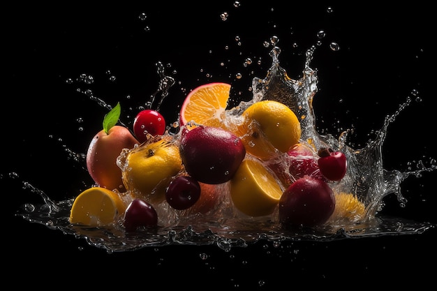 Grupo de fotos de frutas frescas con agua salpicada.