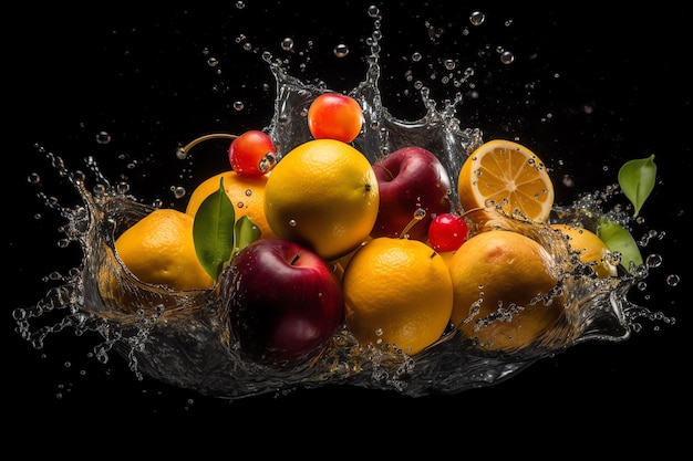 Grupo de fotos de frutas frescas con agua salpicada.