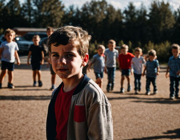 grupo de fotos de niño siendo intimidado con heridas y sangre en la IA generativa de pandillas