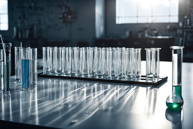 Grupo de frascos y tubos de ensayo en laboratorio químico Reactivos y muestras suspensións ácidas en el trabajo