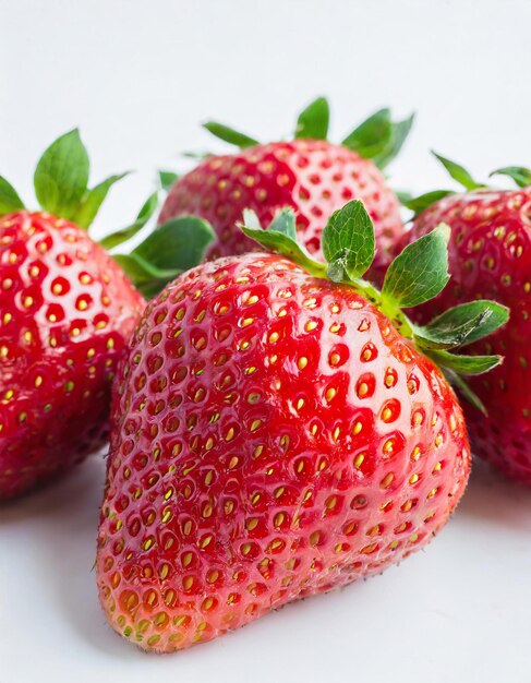 Grupo de fresas en primer plano sobre un fondo blanco