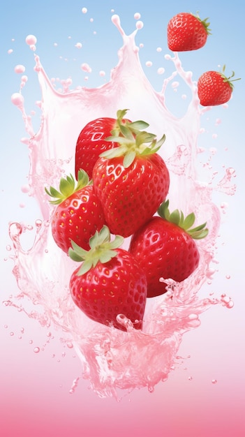 Un grupo de fresas salpicando alegremente en el agua