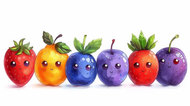 grupo de frutas de dibujos animados en un fondo blanco