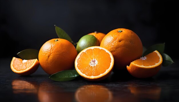 Un grupo de frutas frescas, incluidas las naranjas