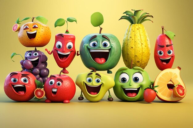 un grupo de frutas, incluida una que tiene una cara con las caras de la otra.