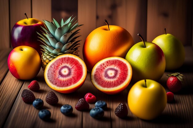 Foto un grupo de frutas en una mesa.