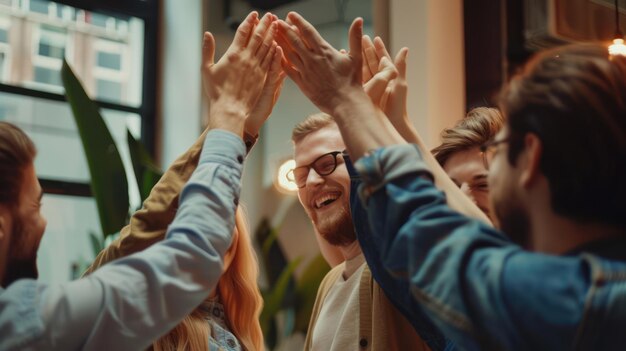 Foto un grupo de fundadores de startups celebrando con aplausos y aplausos marcando un éxito