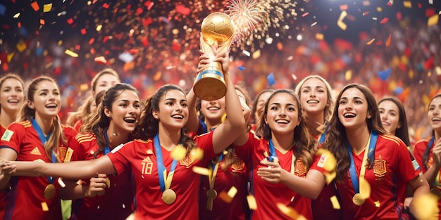 Grupo de futbolistas españolas felices con el trofeo de la copa mundial