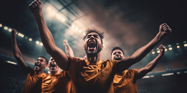 Un grupo de futbolistas y jugadores de fútbol celebrando un gol Generative Ai