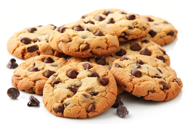 Un grupo de galletas de chispas de chocolate aisladas en un fondo blanco